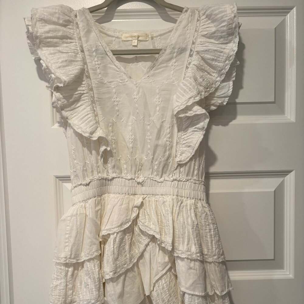 Love Shack Fancy White  V-Neck Mini Dress - Size P